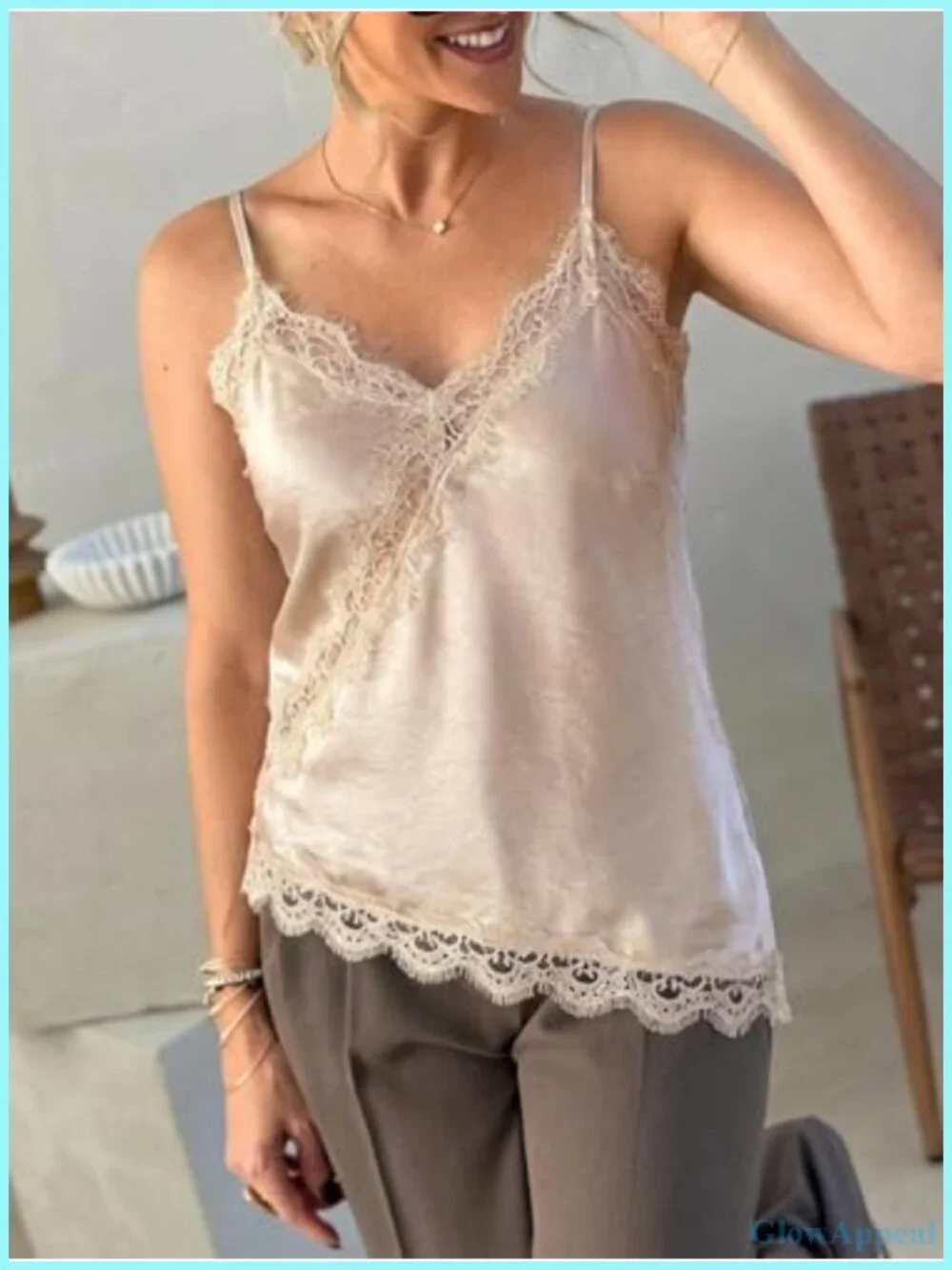 Women Satin Cami Top Spaghetti Strap Lace V Neck Asymmetrical Hem Tank Tops
